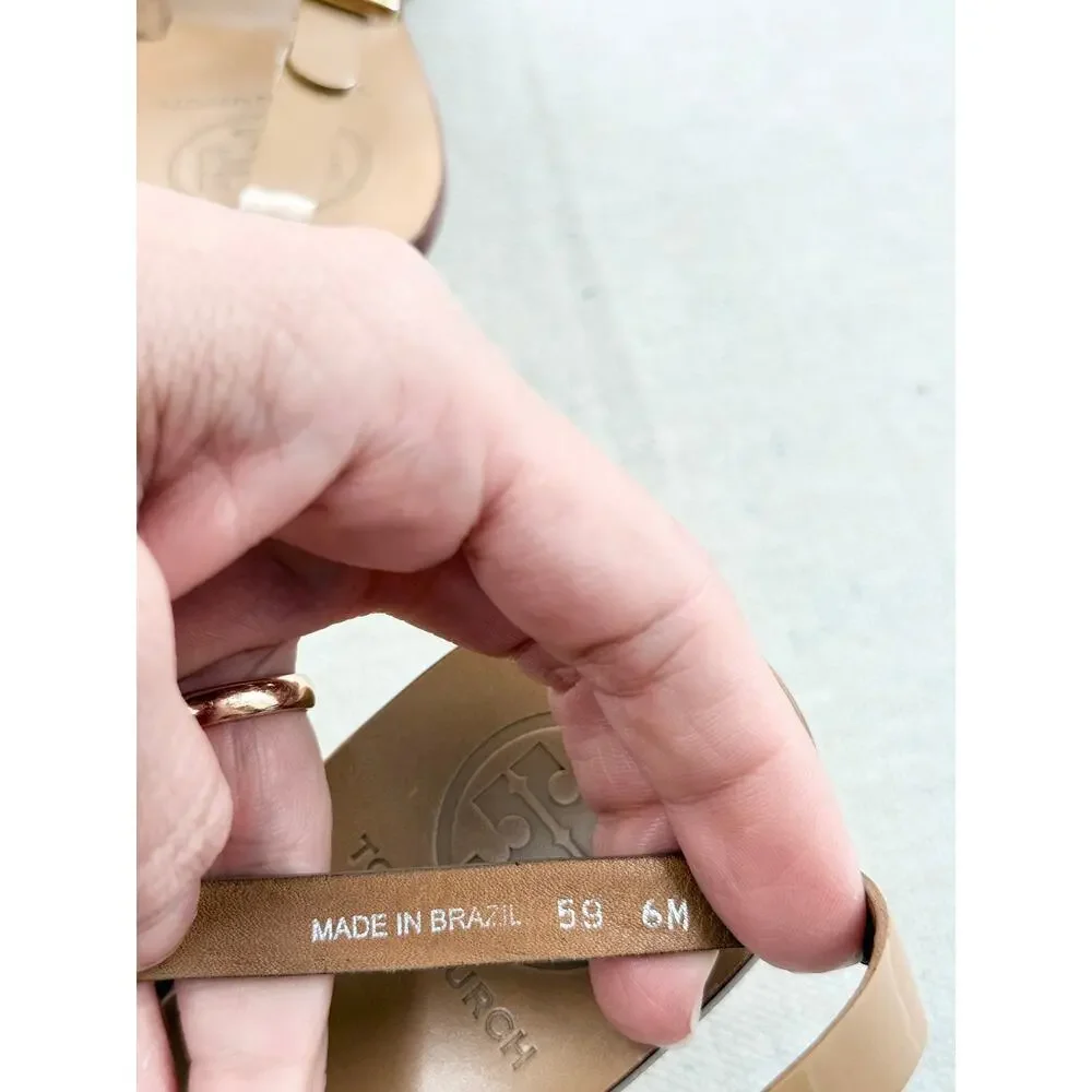 Tory Burch Leather Mid-Heel Thong Sandals with Metallic Logo Beige Women's US 6